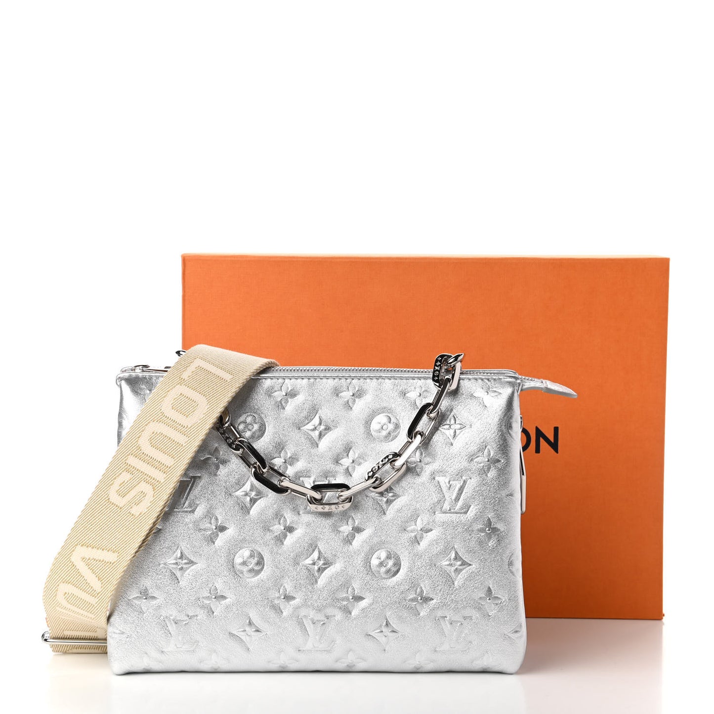 Metallic Lambskin Embossed Monogram Coussin PM Silver
