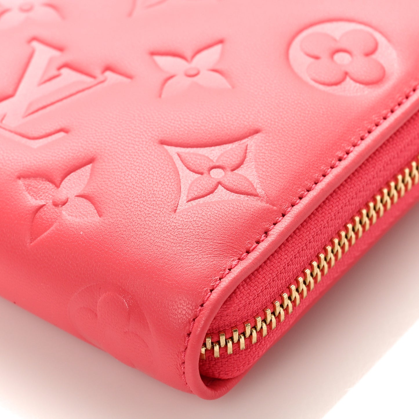 Lambskin Embossed Monogram Coussin Zippy Wallet Pink