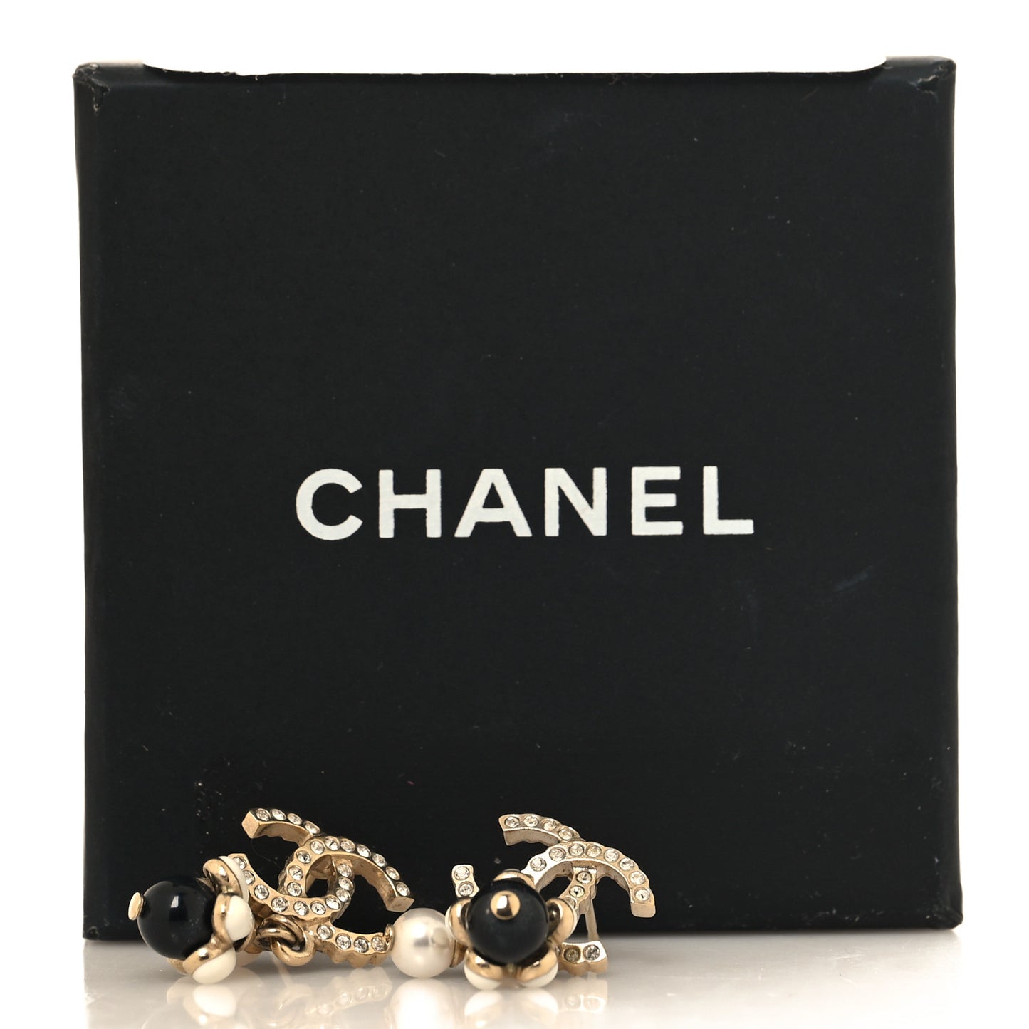 Crystal Bead Pearl CC Drop Earrings Gold White Black