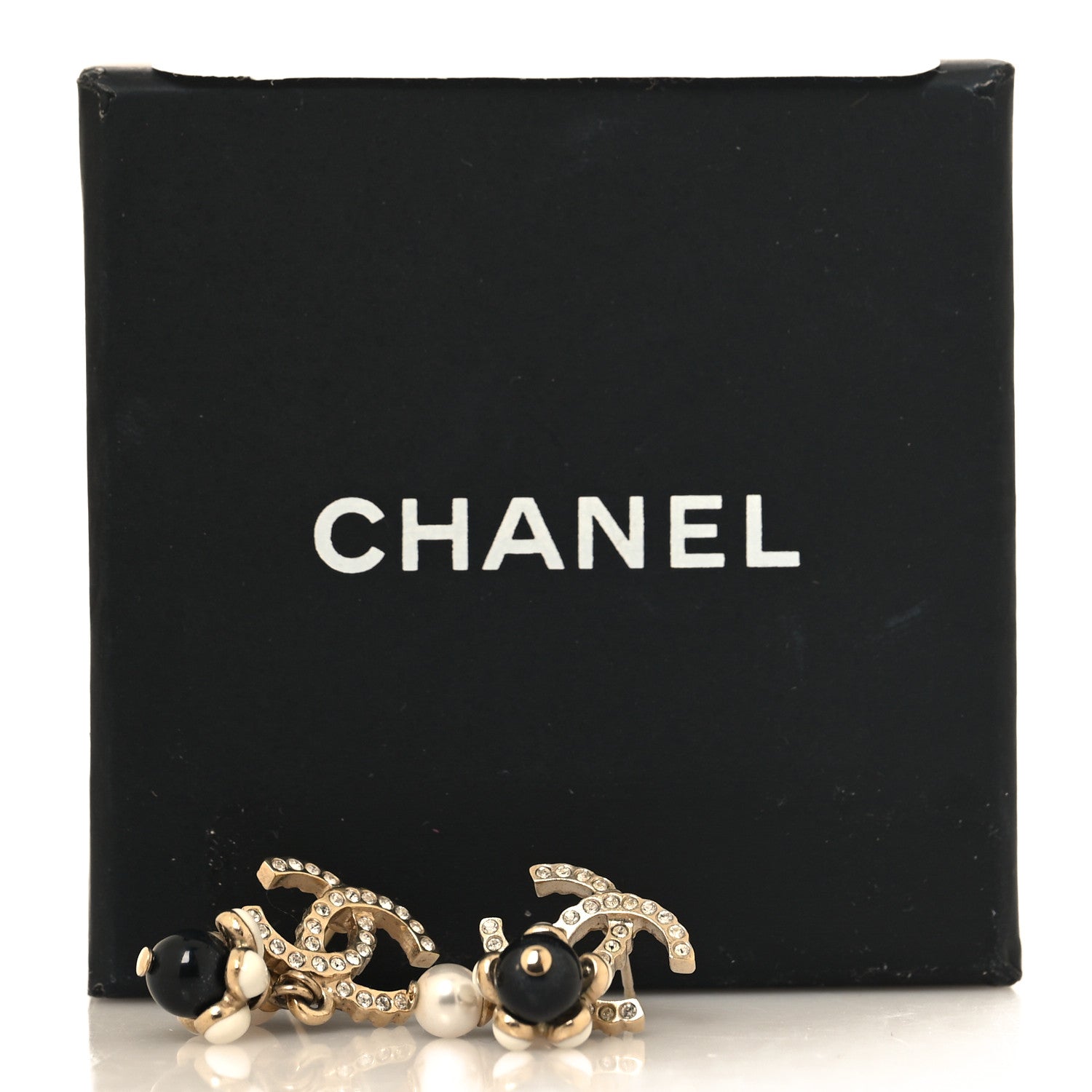 Chanel Crystal Bead Pearl CC Drop Earrings Gold White Black 5 of 5