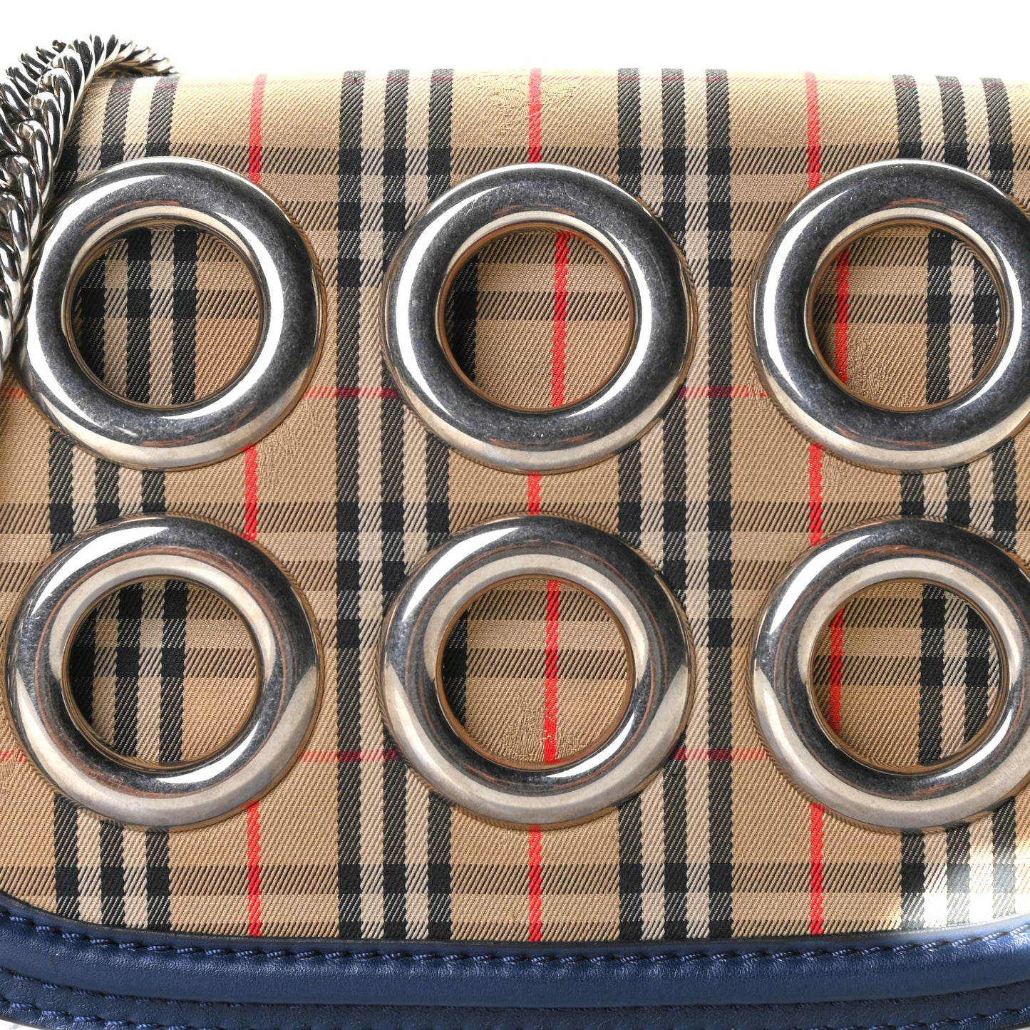 Smooth Calfskin 1983 Knight Check Grommet Chain Shoulder Bag Ink Blue