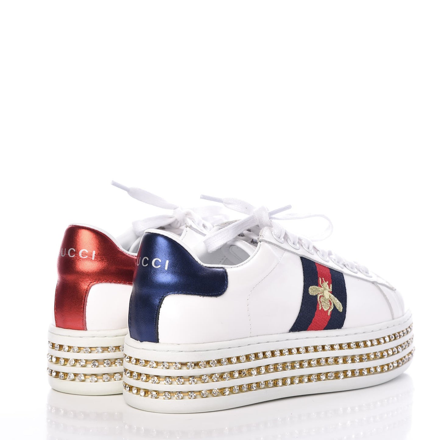 Calfskin Crystal Web Bee Embroidered Womens Ace Platform Sneakers 37 White