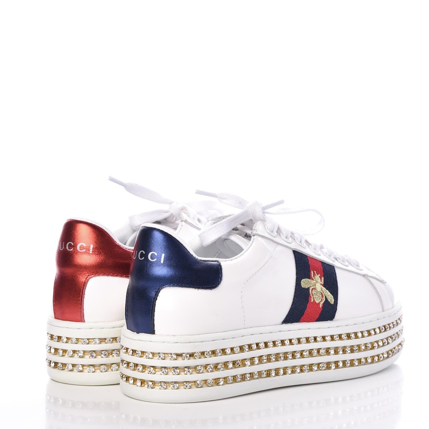 Gucci Calfskin Crystal Web Bee Embroidered Womens Ace Platform Sneakers 37 White 4 of 11