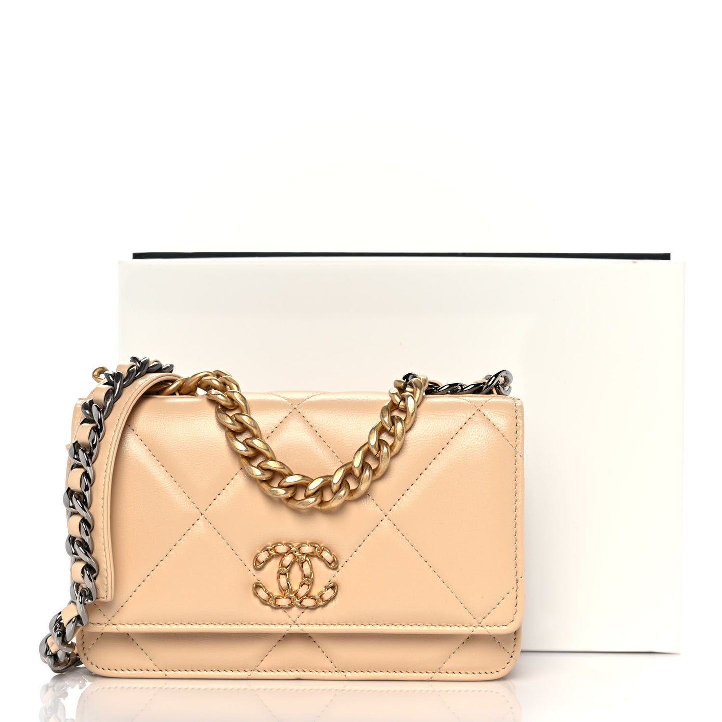 Goatskin Quilted Chanel 19 Wallet On Chain WOC Beige