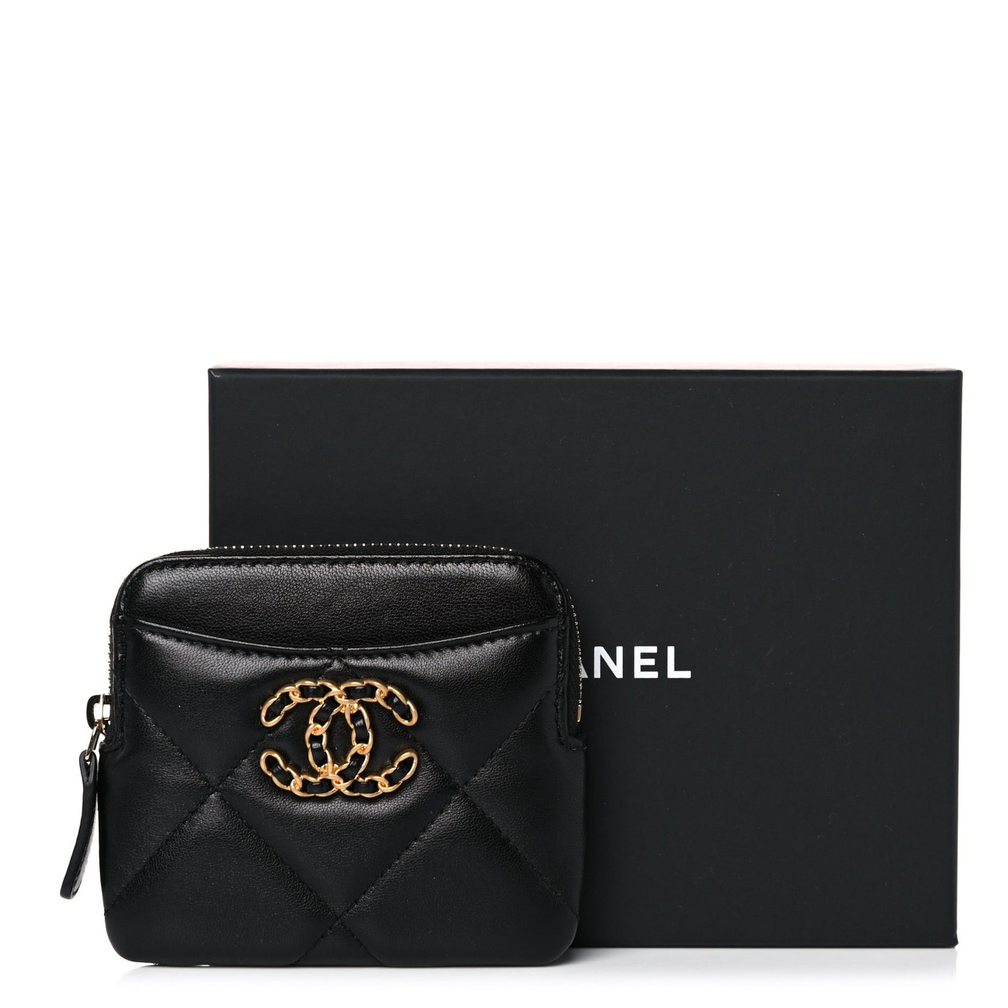 Lambskin Quilted Chanel 19 Zip Card Holder Wallet Black
