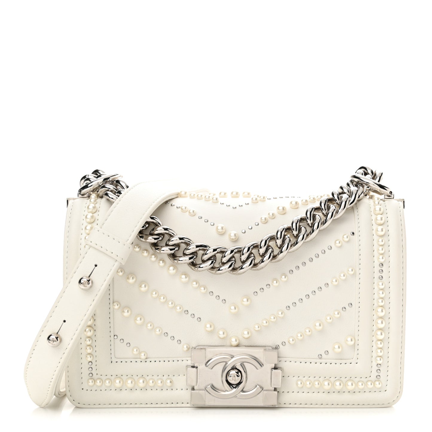 Calfskin Pearl Chevron Small Boy Flap White
