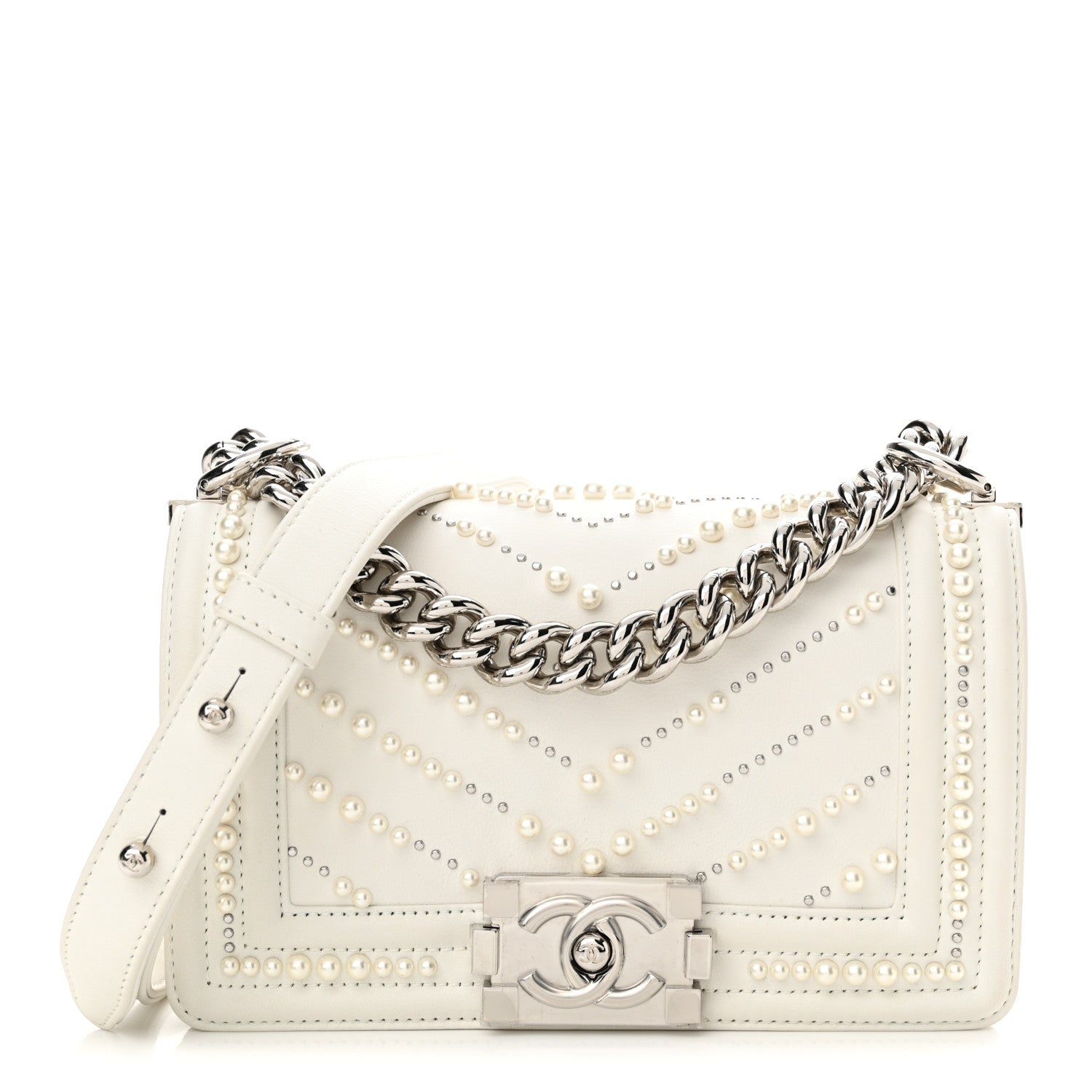 Chanel Calfskin Pearl Chevron Small Boy Flap White 1 of 10