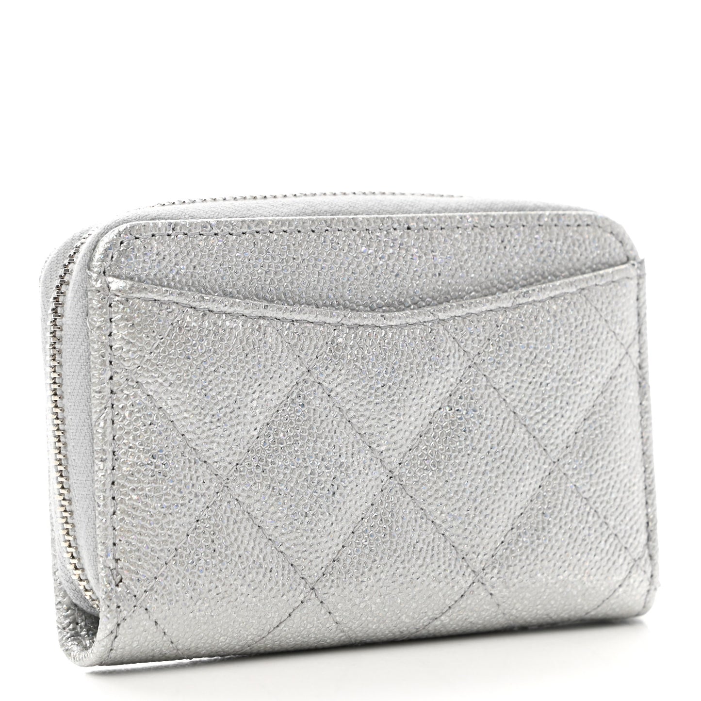 Glittered Metallic Caviar Quilted Zip Coin Purse Wallet Silver