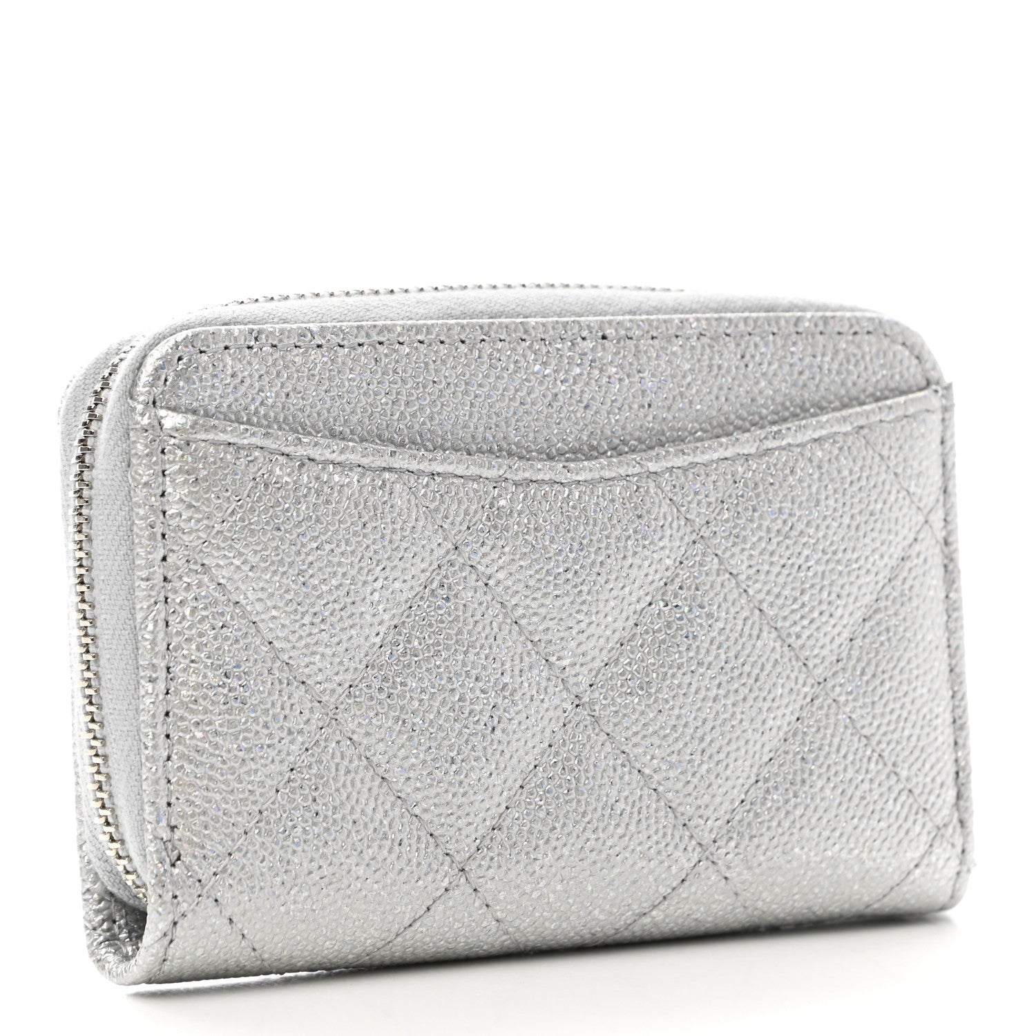 Chanel Glittered Metallic Caviar Quilted Zip Coin Purse Wallet Silver 3 of 7