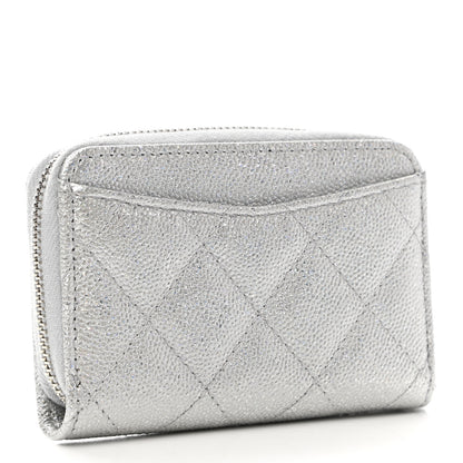 Chanel Glittered Metallic Caviar Quilted Zip Coin Purse Wallet Silver 3 of 7