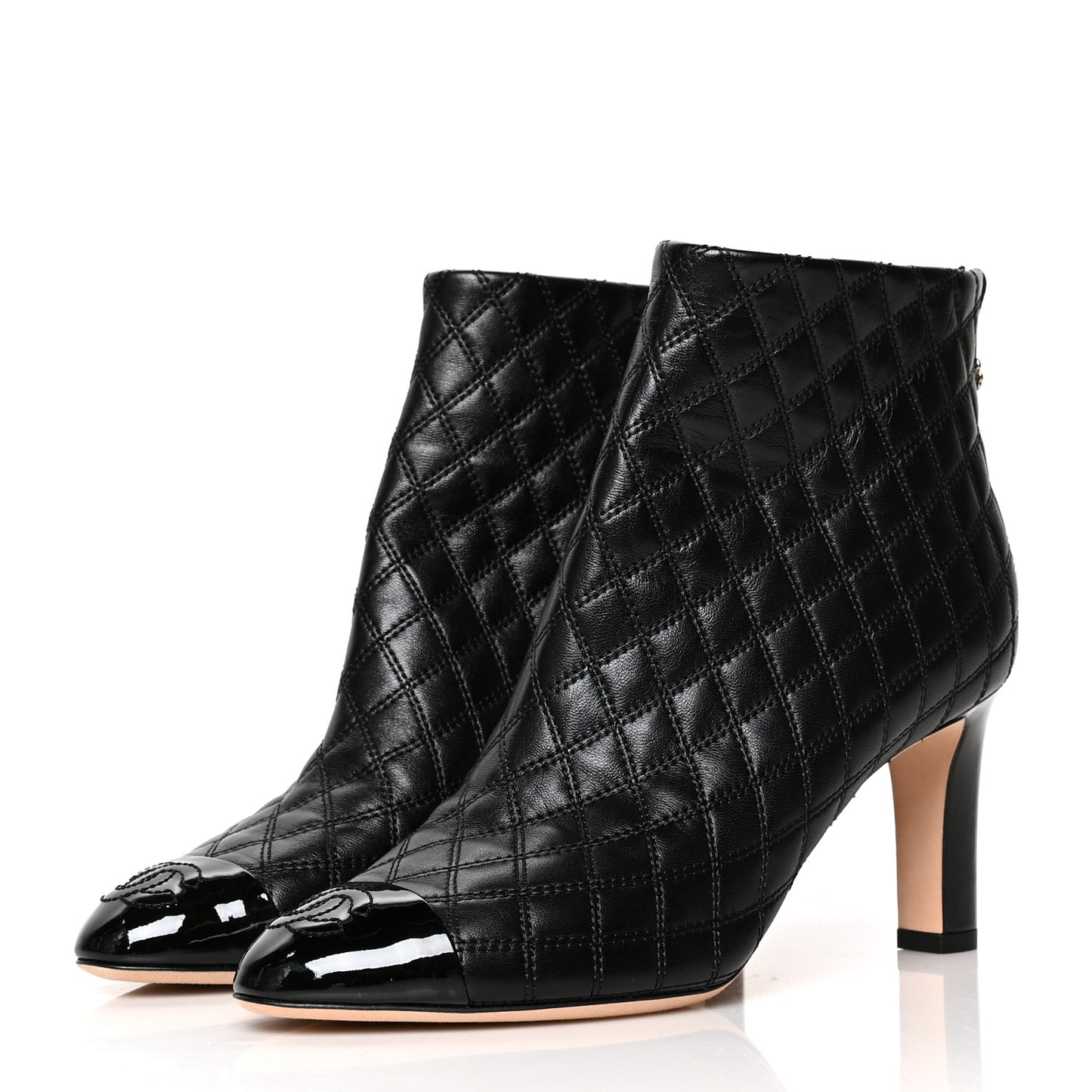 Lambskin Patent Quilted CC Cap Toe Booties 37 Black