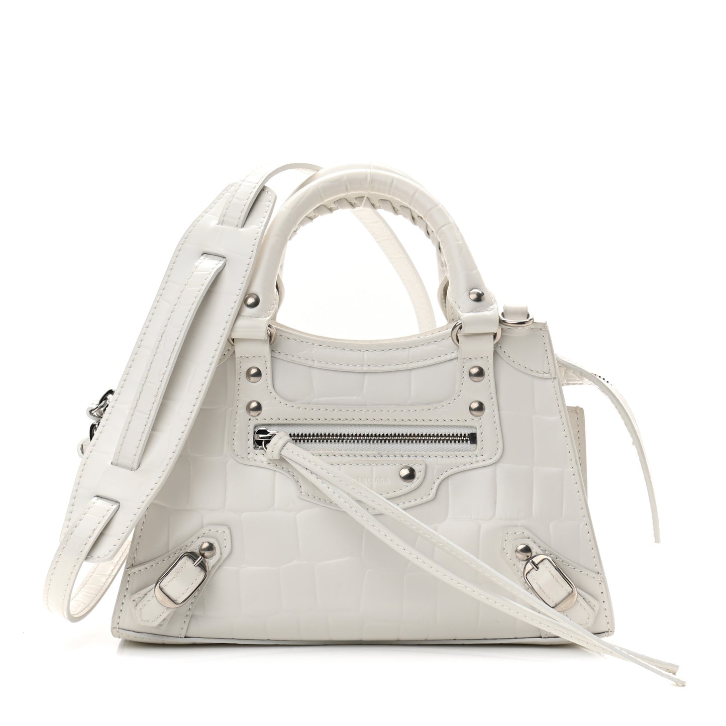 Semi Shiny Calfskin Crocodile Embossed Neo Classic Silver Hardware Mini City White