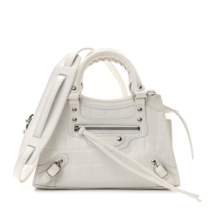 Balenciaga Semi Shiny Calfskin Crocodile Embossed Neo Classic Silver Hardware Mini City White 1 of 9