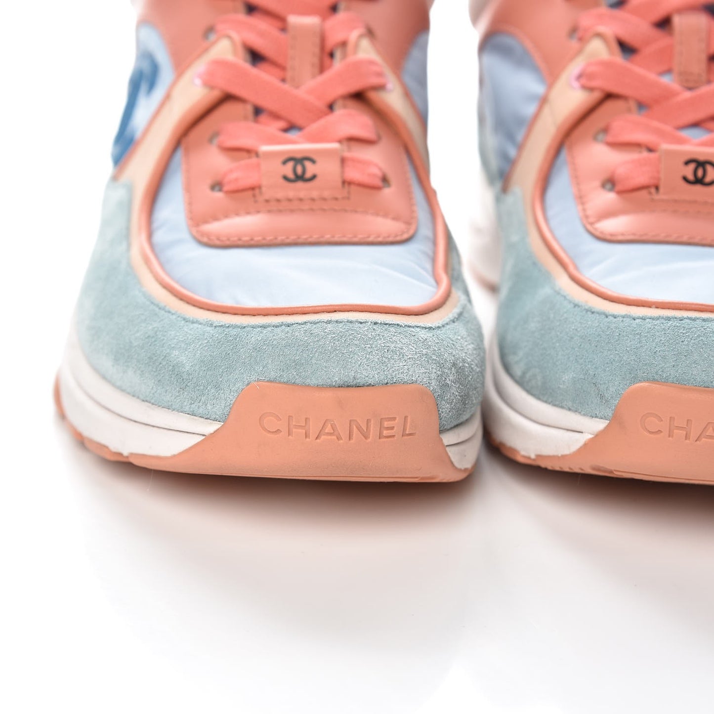 Nylon Lambskin Suede Calfskin CC Sneakers 37 Coral Light Blue White
