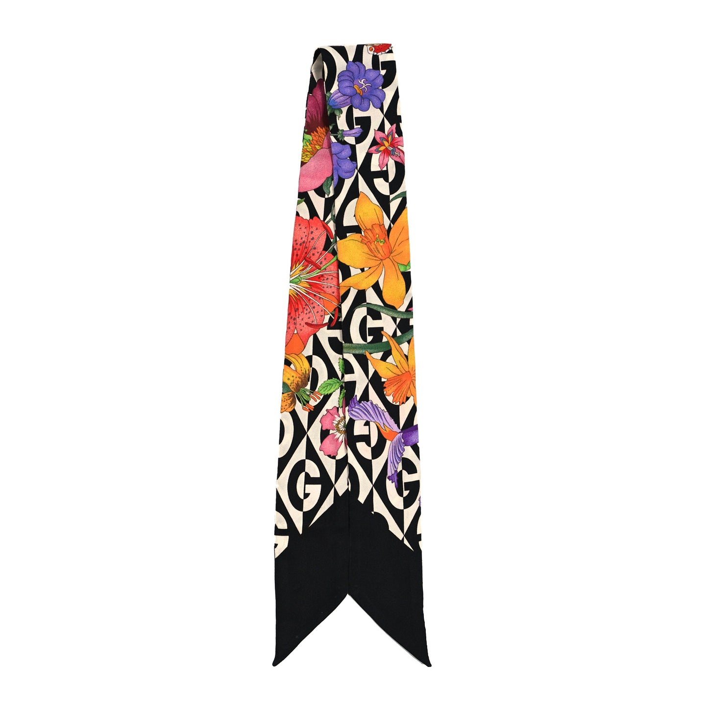 Silk Twill G Rhombus Flora Print Neck Bow Scarf Ivory Black