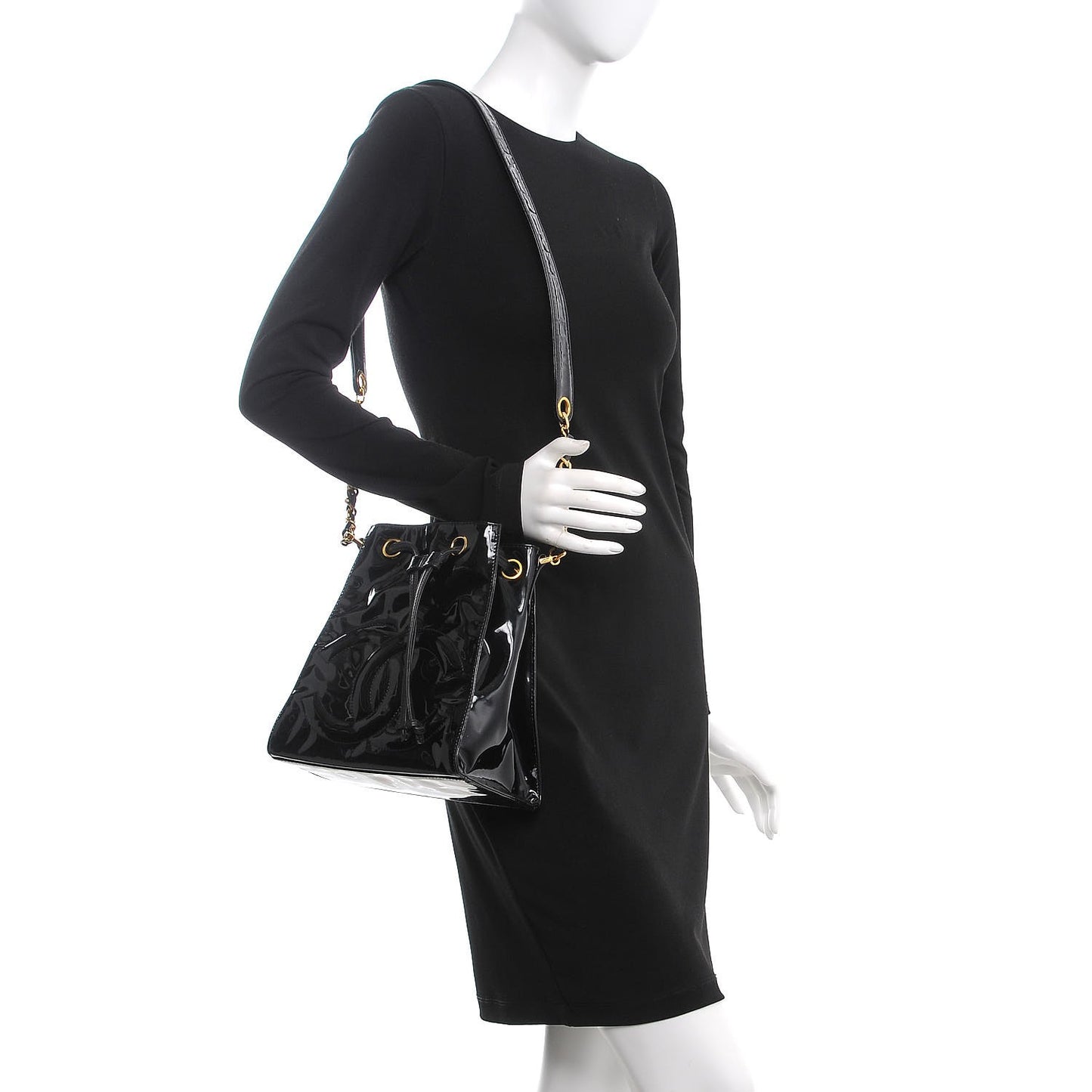 Patent Drawstring CC Shoulder Bag Black