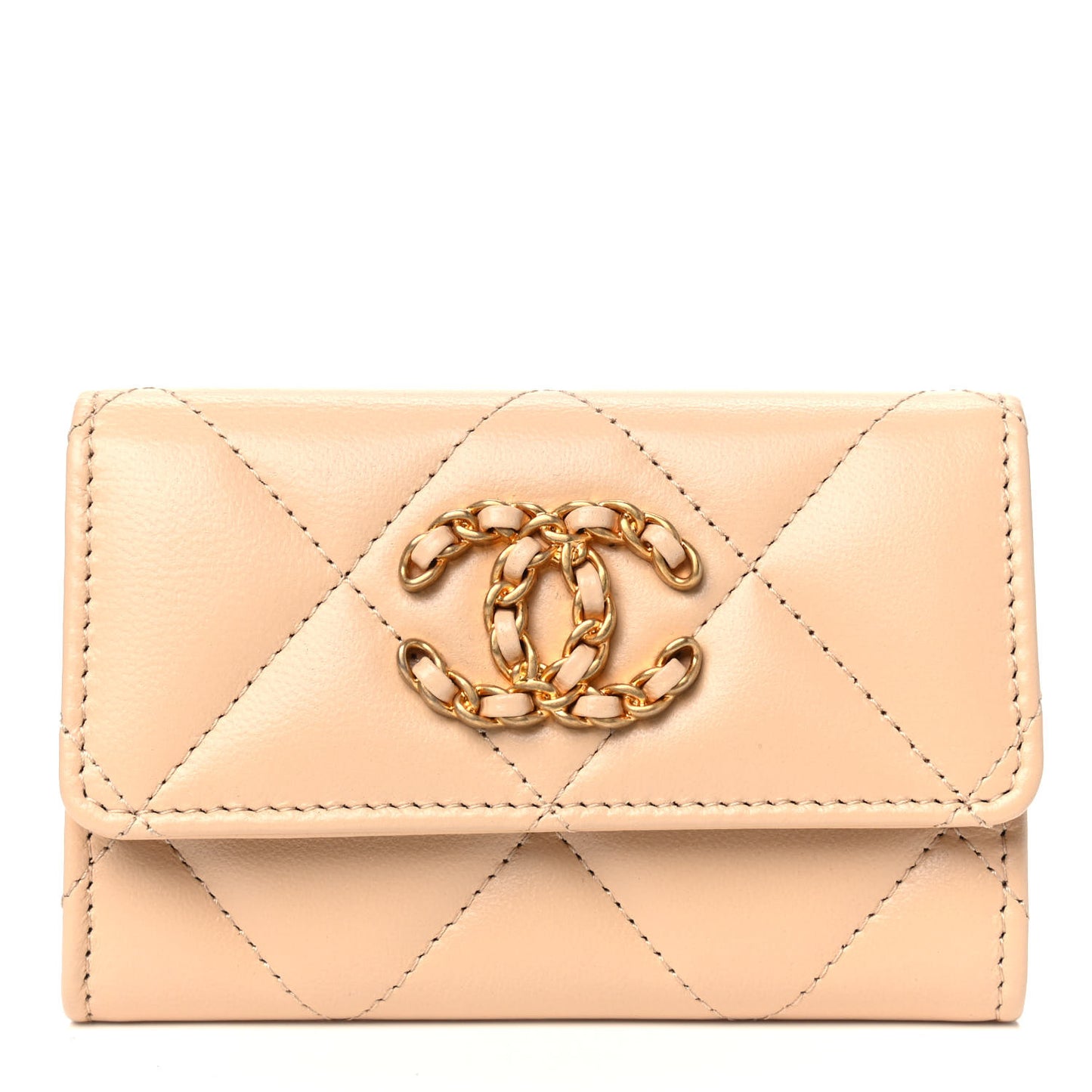 Shiny Goatskin Quilted Chanel 19 Flap Card Holder Beige