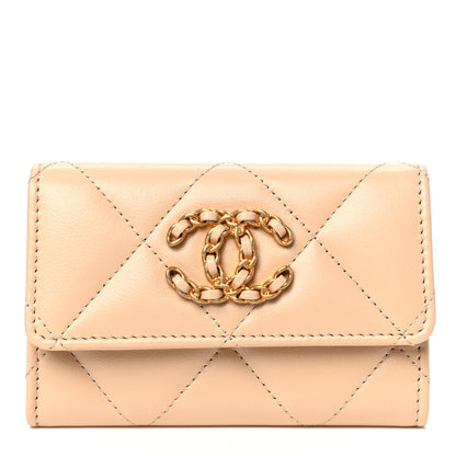 Chanel Shiny Goatskin Quilted Chanel 19 Flap Card Holder Beige 1 of 4