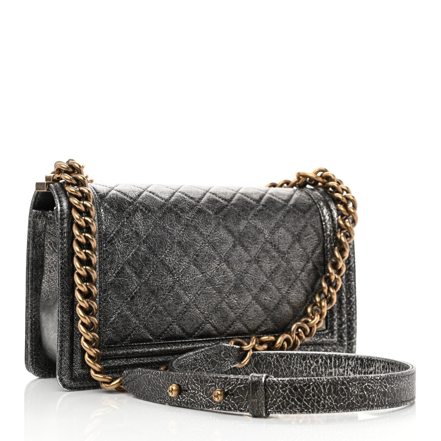Cracked Metallic Calfskin Quilted Medium Boy Flap Dark Silver