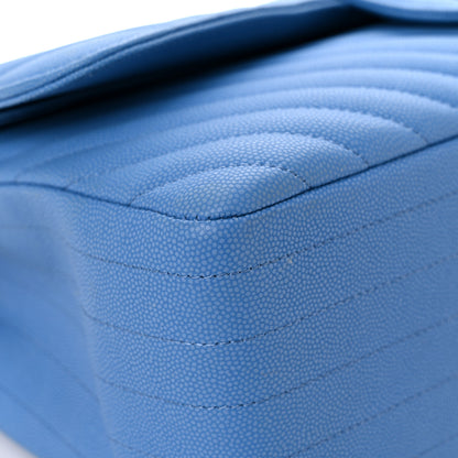 Chanel Caviar Flat Chevron Quilted Jumbo Double Flap Blue 8 of 19