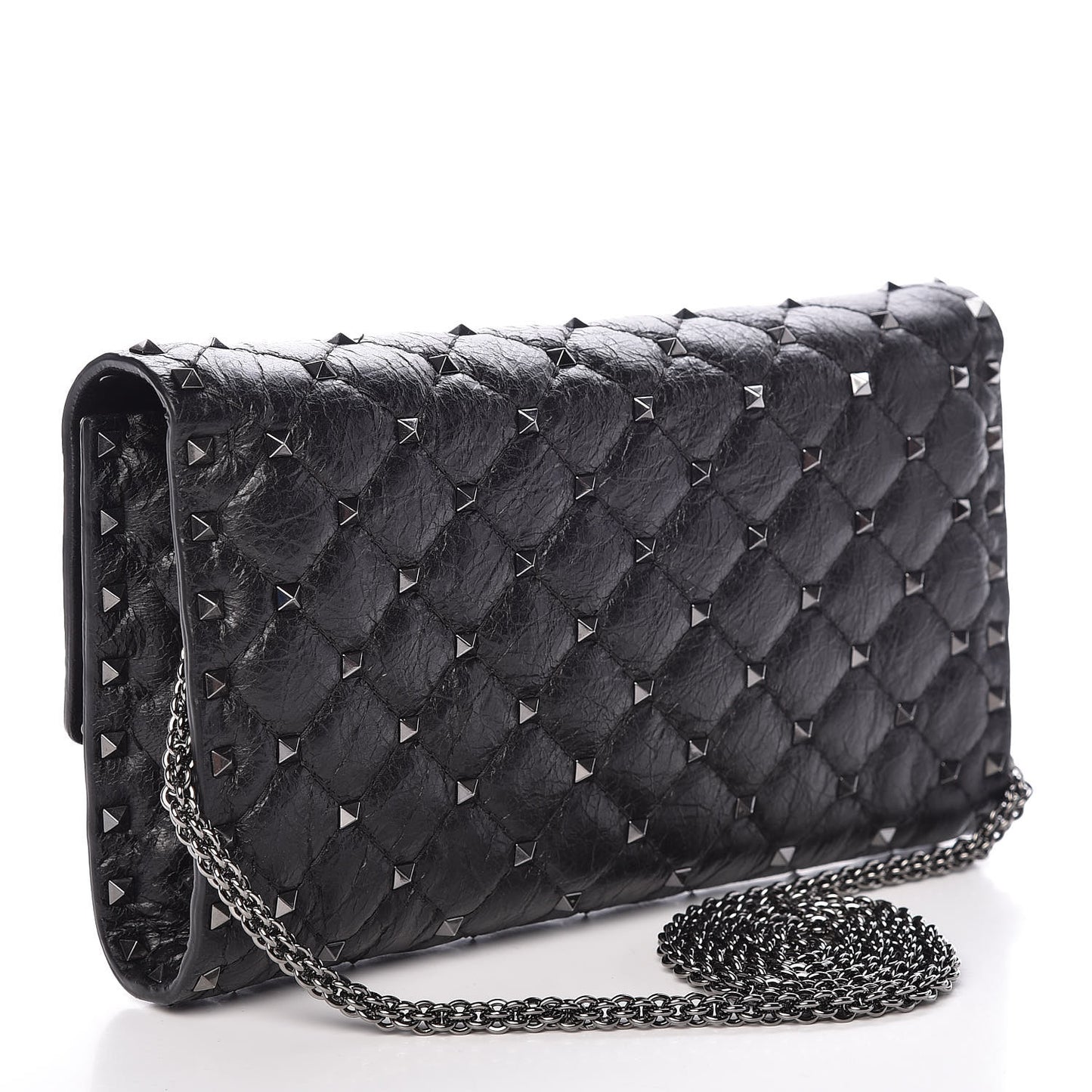 Craquele Nappa Rockstud Spike Wallet on Chain Black