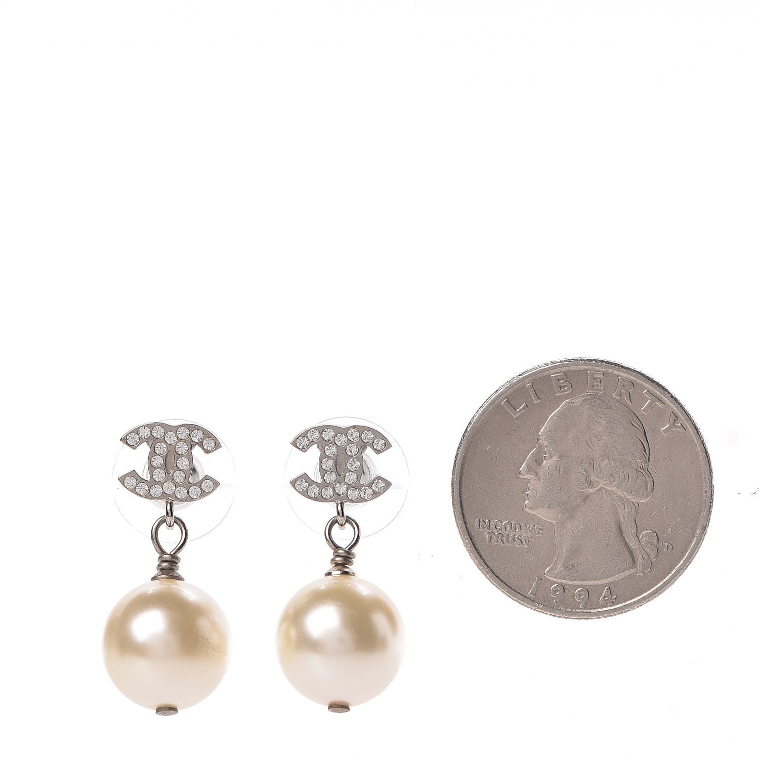 Chanel Crystal Pearl CC Drop Earrings Silver Pearly White 2 of 5