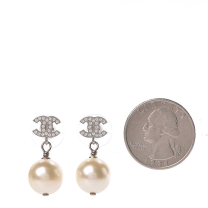 Chanel Crystal Pearl CC Drop Earrings Silver Pearly White 2 of 5