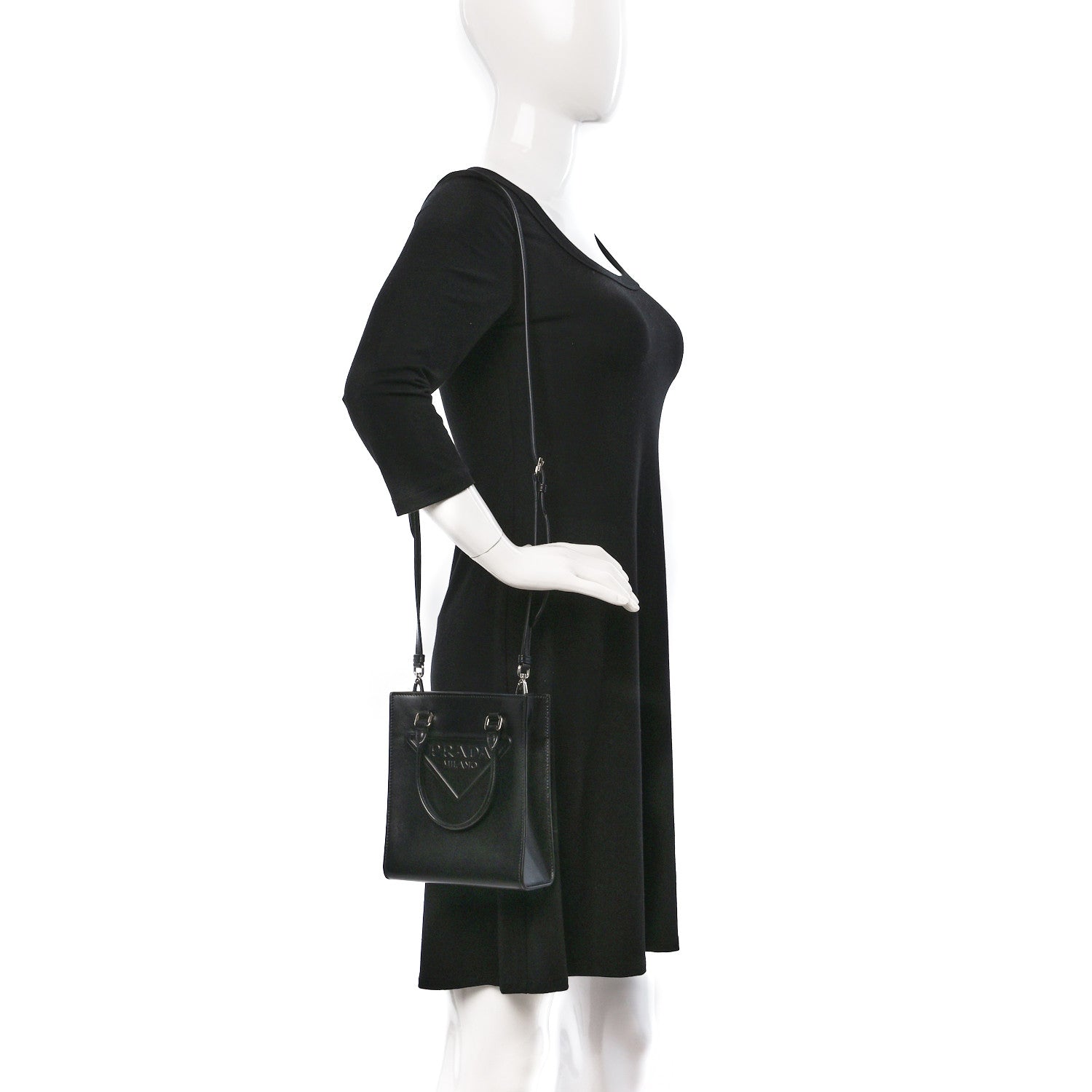 Prada Soft Calfskin Triangle Logo Embossed Small Double Handle Crossbody Tote Black 2 of 8