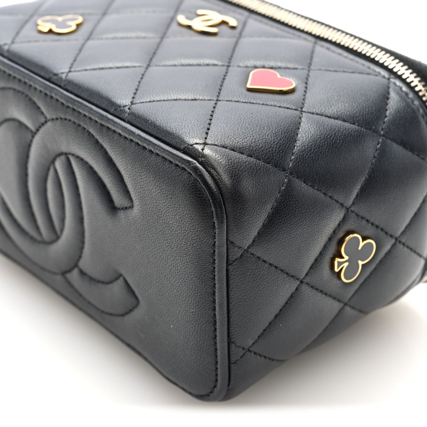 Lambskin Quilted Enamel Coco Casino Small Vanity Case With Chain Black