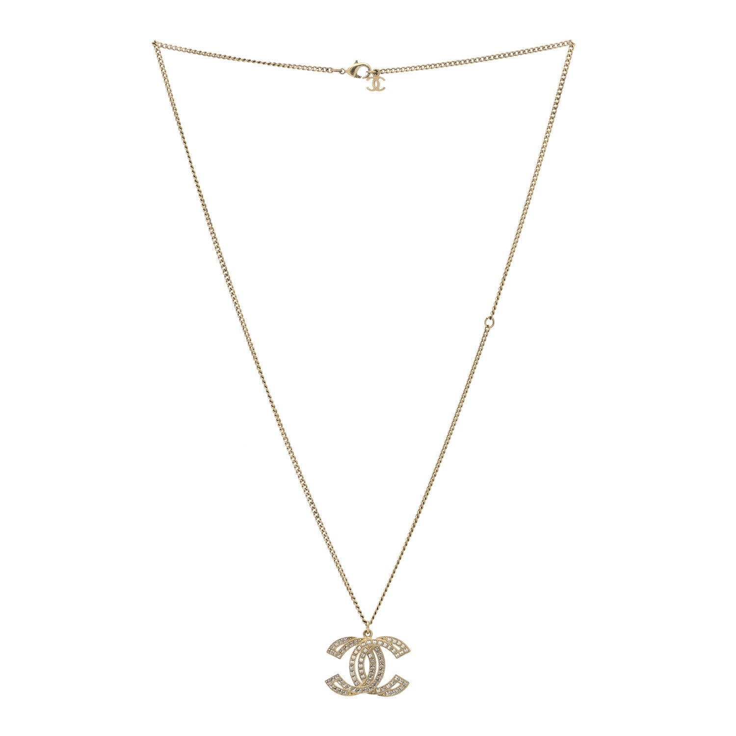 Chanel Metal Crystal Baguette CC Pendant Necklace Gold 3 of 5