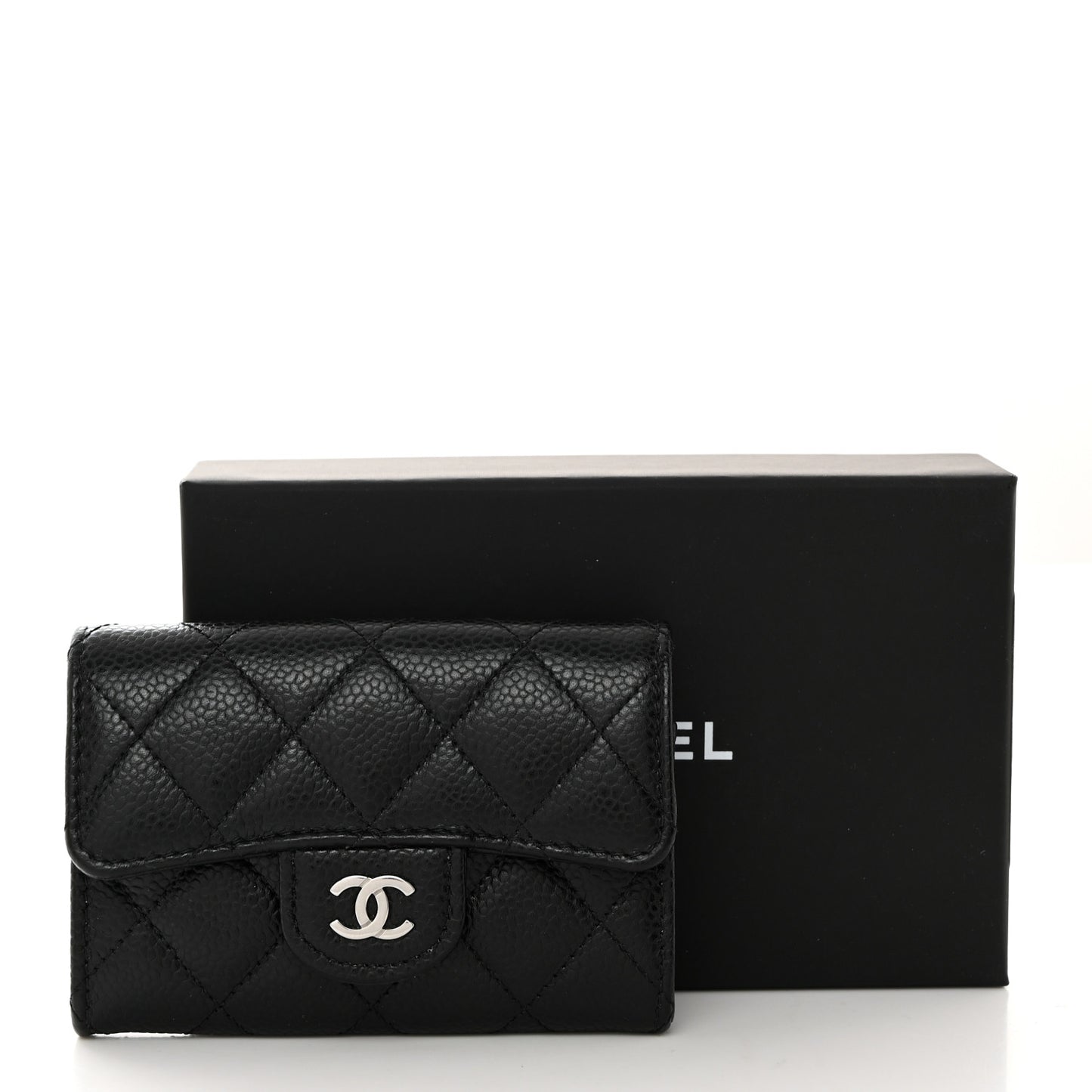 Caviar Quilted Flap Card Holder Wallet Black