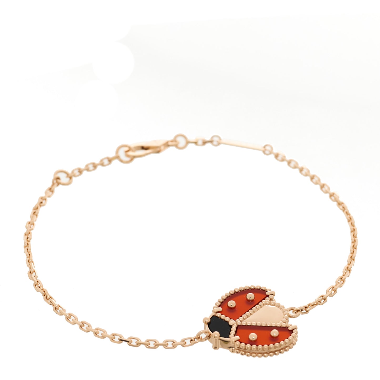 18K Rose Gold Carnelian Onyx Lucky Spring Open Wing Lady Bug Bracelet
