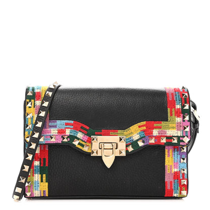 Valentino Garavani Pebbled Calfskin Embroidered Medium Rockstud Flip Lock Crossbody Bag Black 1 of 10