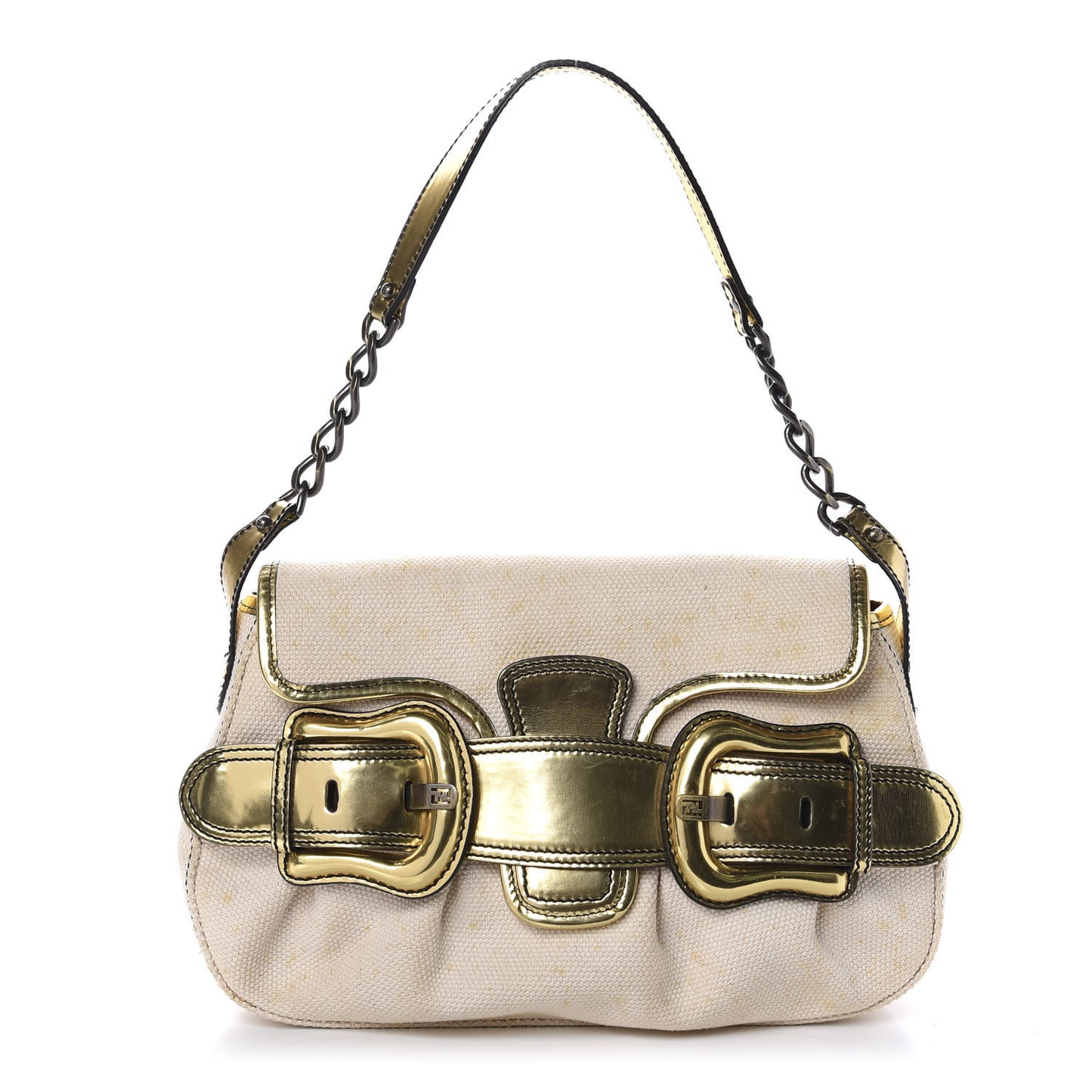 Canvas Metallic Calfskin B Bis Flap Bag Natural Gold