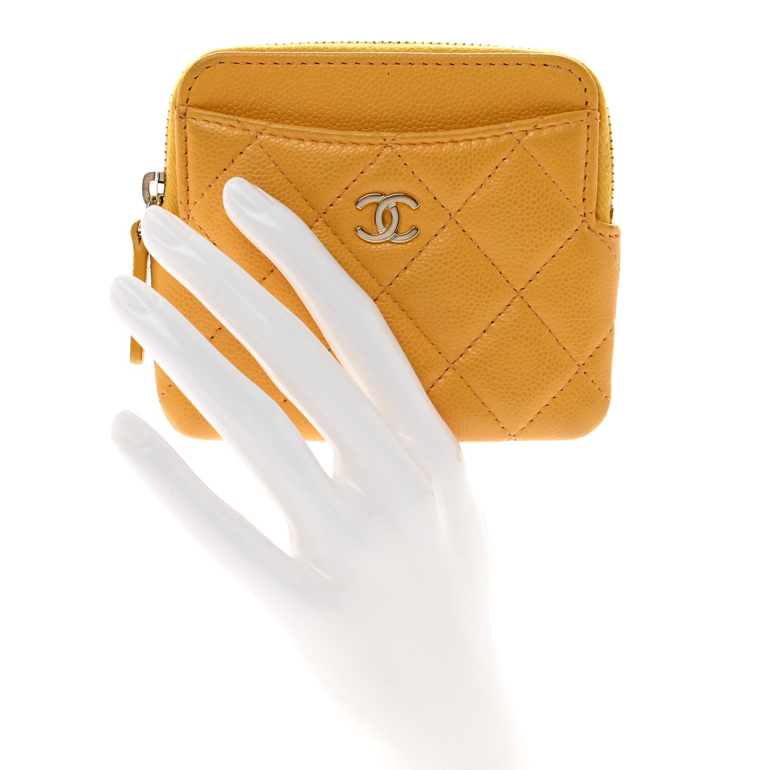 Chanel Caviar Quilted Zip Card Holder Wallet Yellow 2 of 8