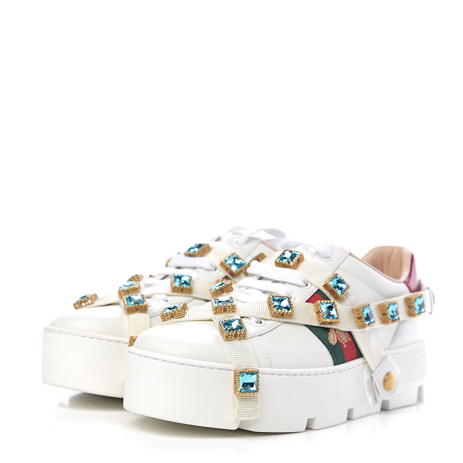 Gucci Calfskin Removable Crystals Bee Embroidered Ace Platform Sneakers 37.5 White 3 of 11