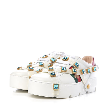 Gucci Calfskin Removable Crystals Bee Embroidered Ace Platform Sneakers 37.5 White 3 of 11