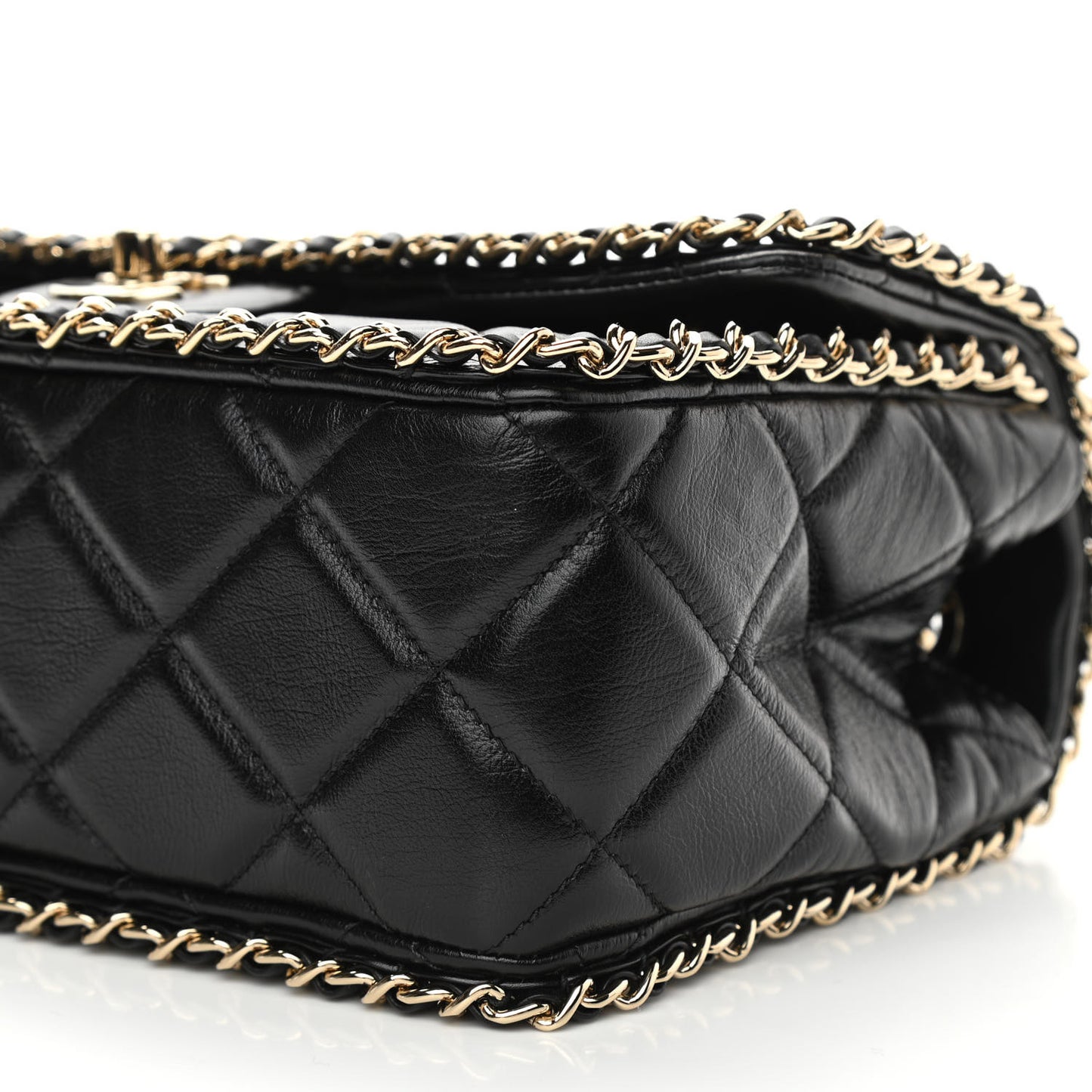 Crumpled Calfskin Medium Chain All Over Flap Black