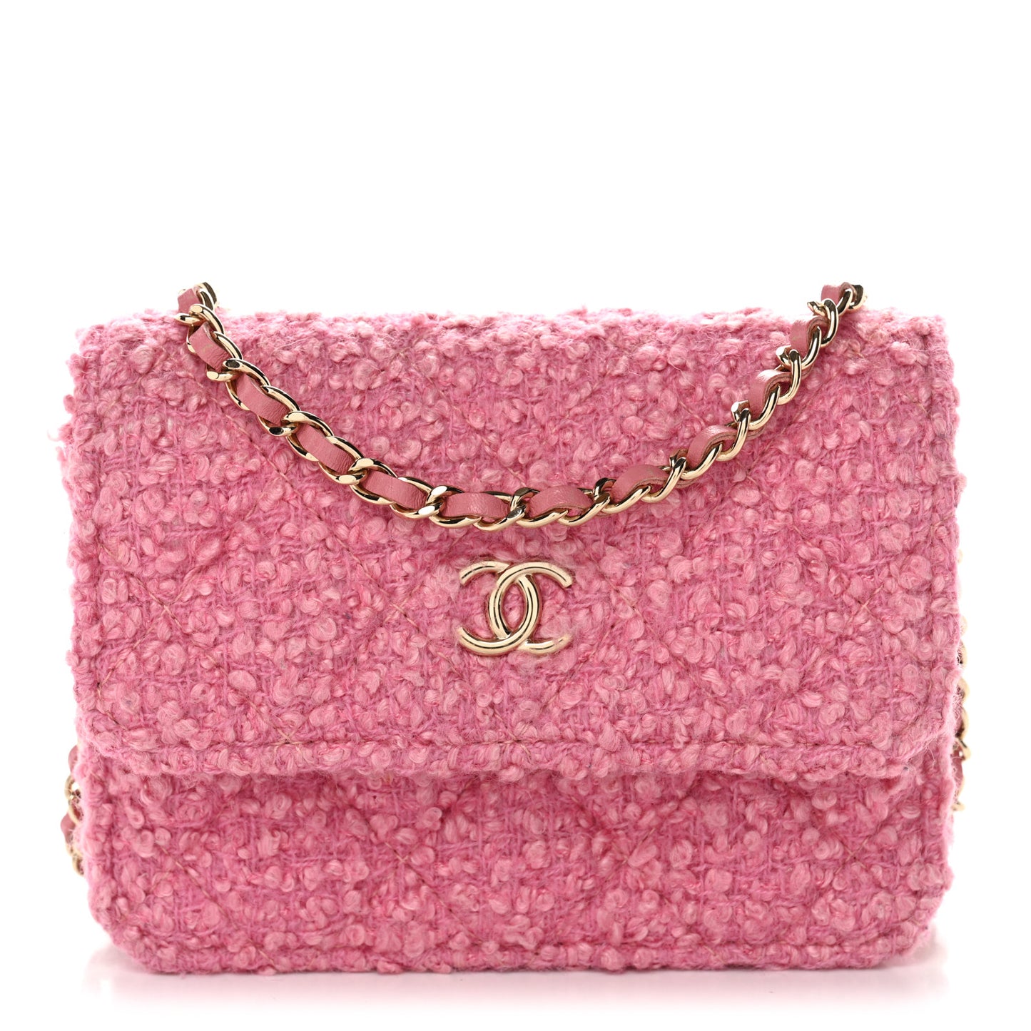 Tweed Quilted Flap Chain Waist Bag Pink