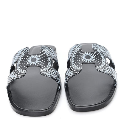 Hermes Calfskin Astrologie Bandana Oran Sandals 35.5 Black White 3 of 10