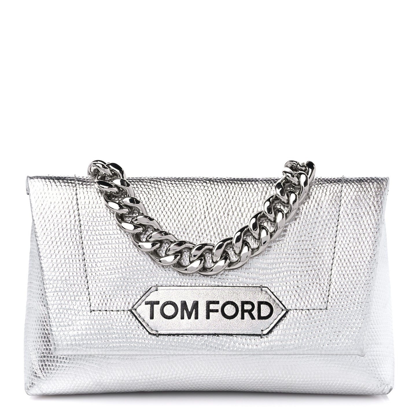 Metallic Lizard Embossed Mini Label Shoulder Bag Silver