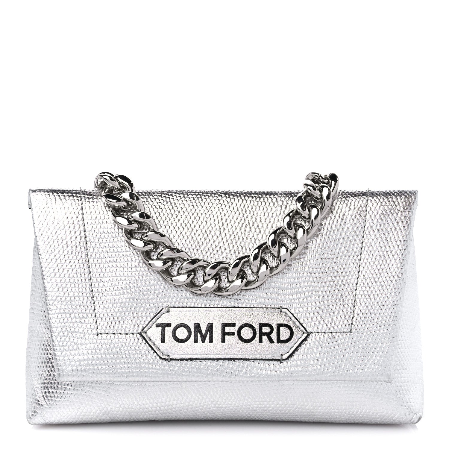 Tom Ford Metallic Lizard Embossed Mini Label Shoulder Bag Silver 1 of 11