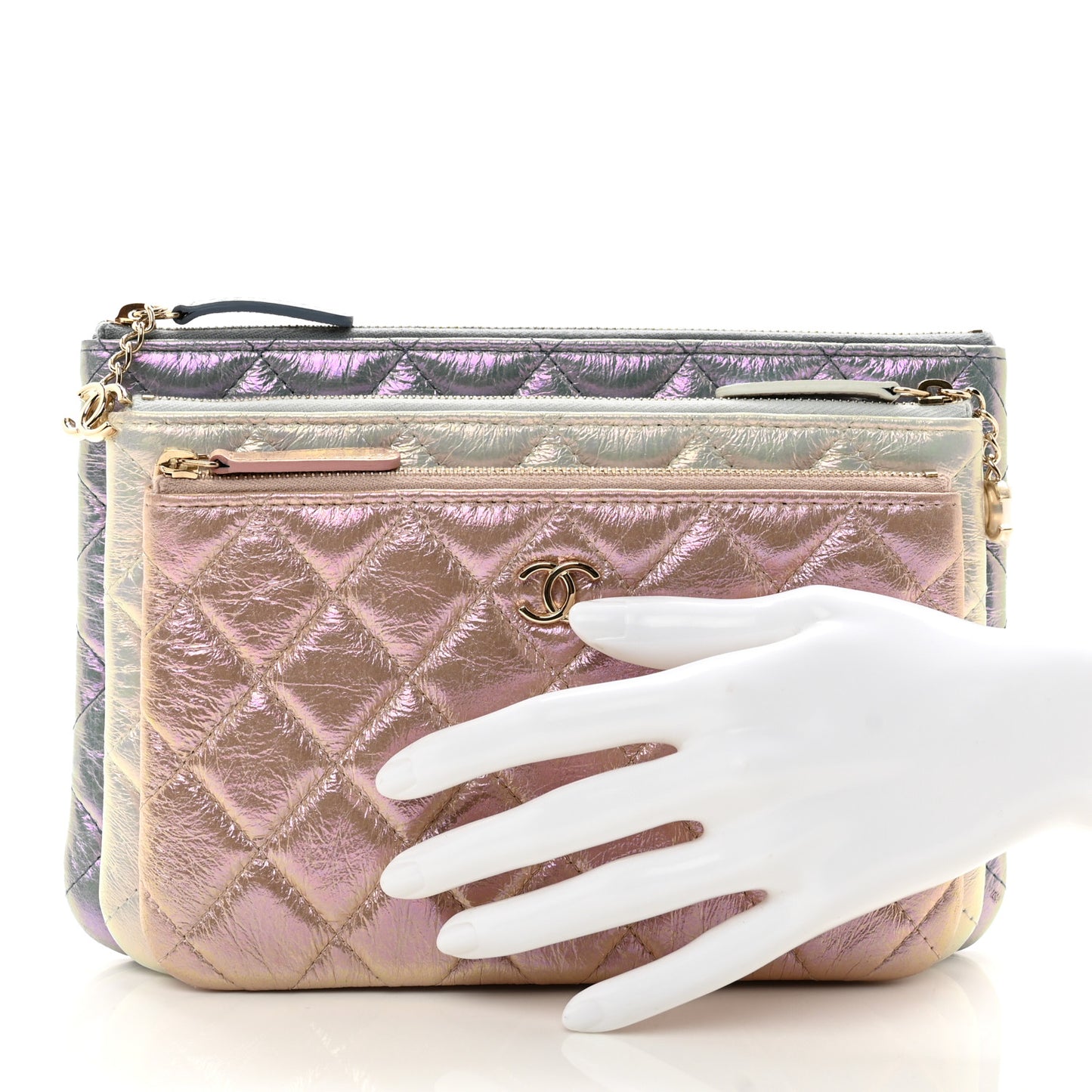 Iridescent Crumpled Calfskin Trio Cosmetic Case Blue Pink Ivory