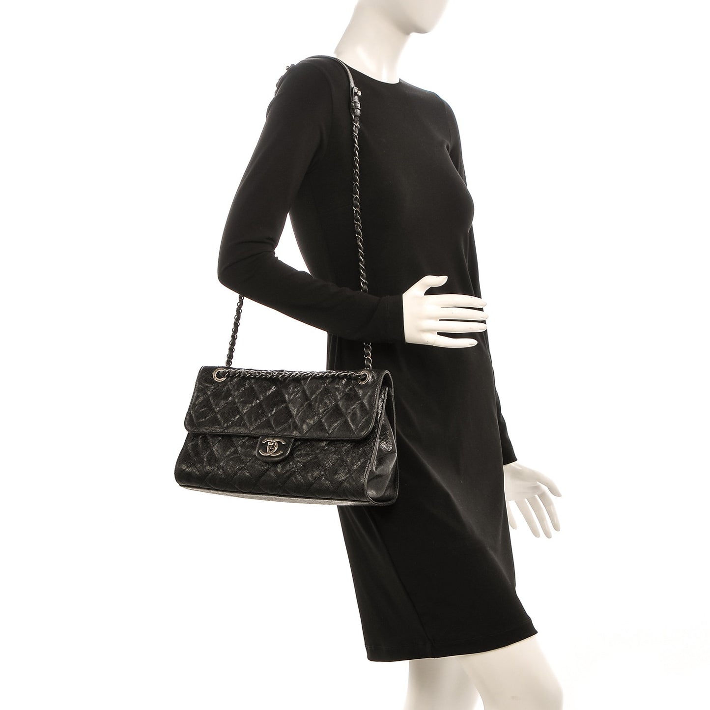 Crumpled Grained Calfskin Jumbo CC Crave Flap Black