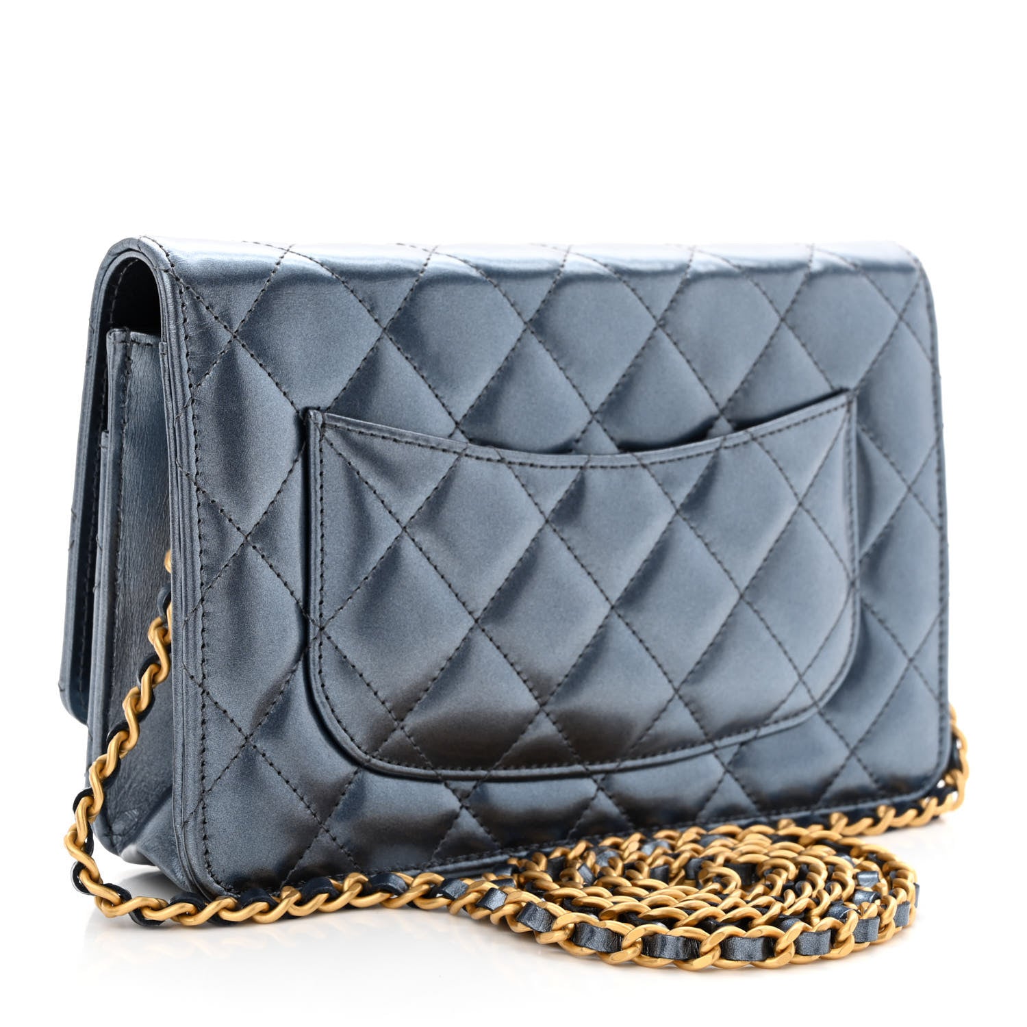 Chanel Metallic Lambskin Wallet On Chain WOC Dark Blue 3 of 12