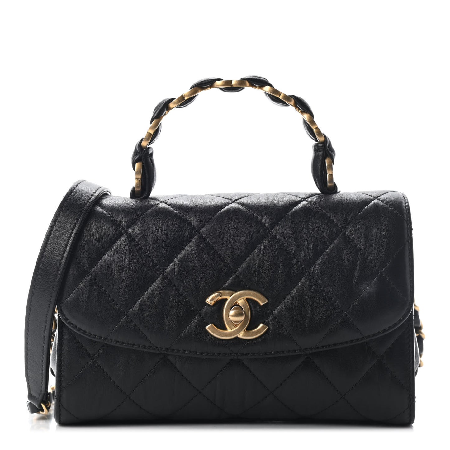 Crumpled Lambskin Quilted Mini CC Links Top Handle Flap Black