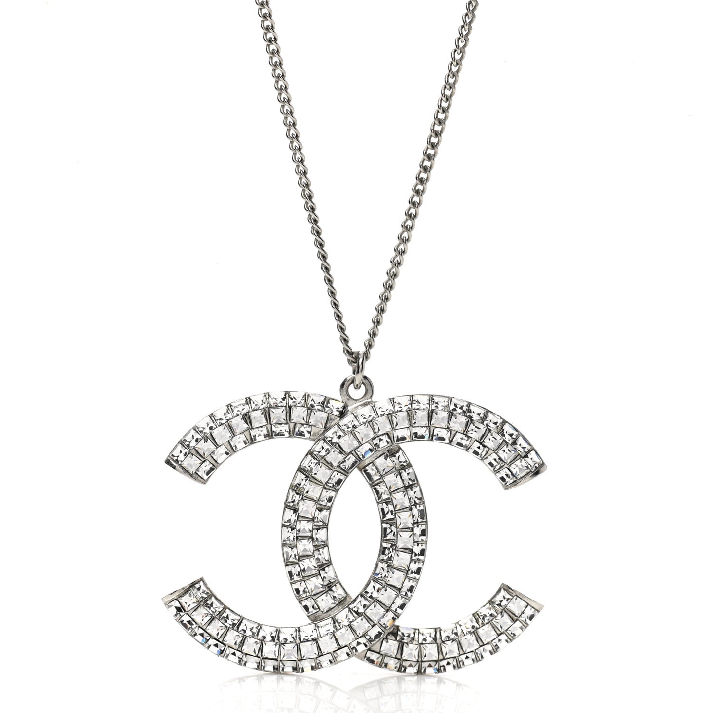 Baguette Crystal Large CC Pendant Necklace Silver