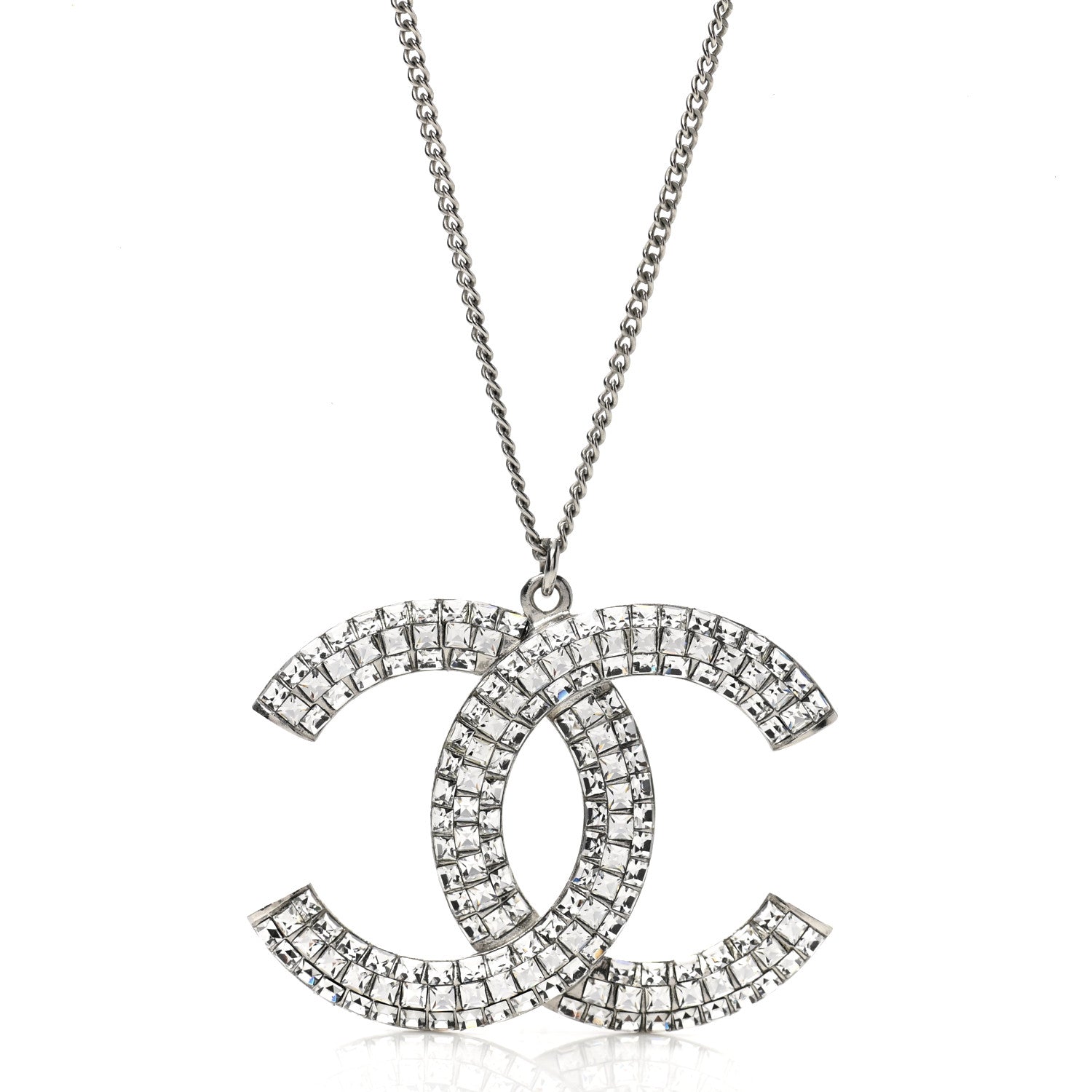 Chanel Baguette Crystal Large CC Pendant Necklace Silver 4 of 5