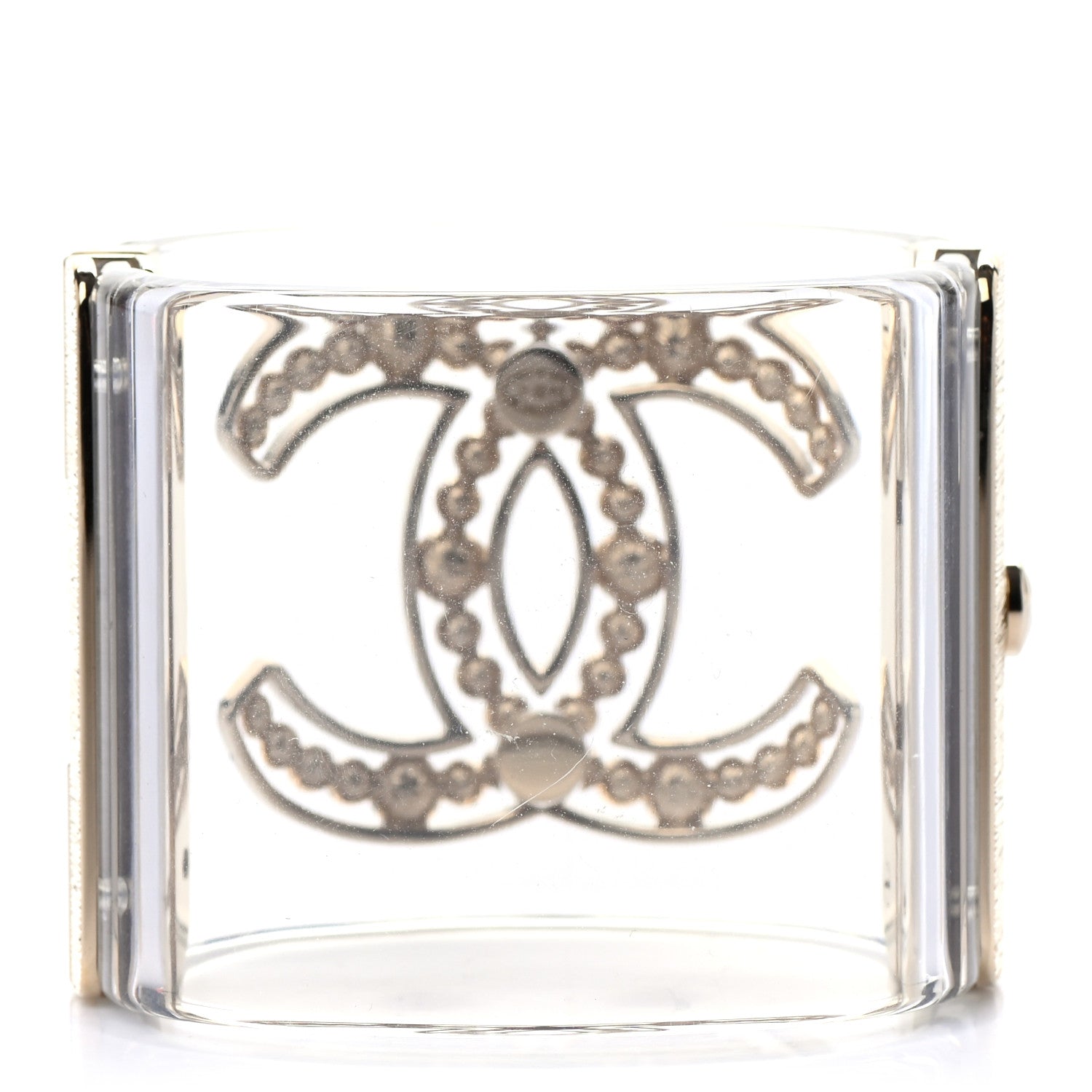 Chanel Transparent Pearl Crystal CC Cuff Golden Pearly White 3 of 4