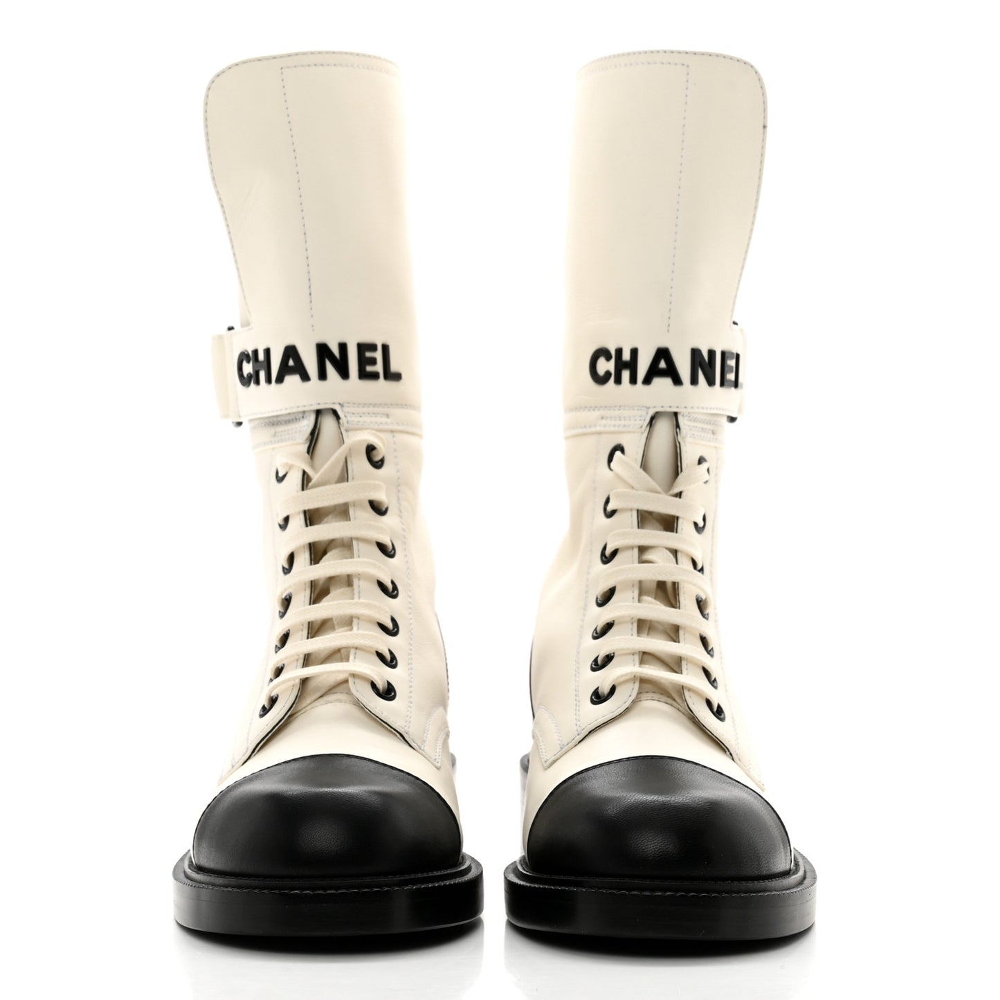 Calfskin Lace Up Logo Mid Calf Combat Boots 38 White Black